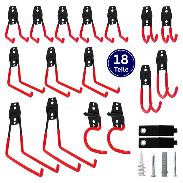 Wandhaken Set mit 18 Teilen für die Werkstattorganisation, inklusive Befestigungsmaterial und Klettbändern.