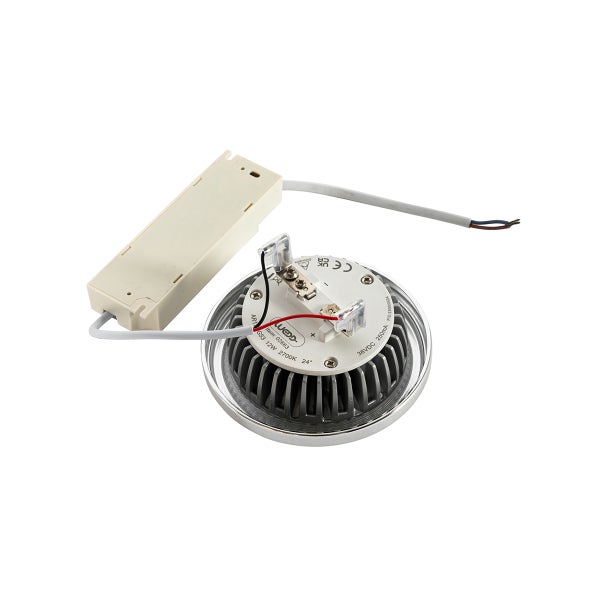LED Leuchtmittel AR111 G53, 12 Watt, 2700 Kelvin, 24 Grad Abstrahlwinkel, inklusive externem LED Treiber und Anschlusskabel.