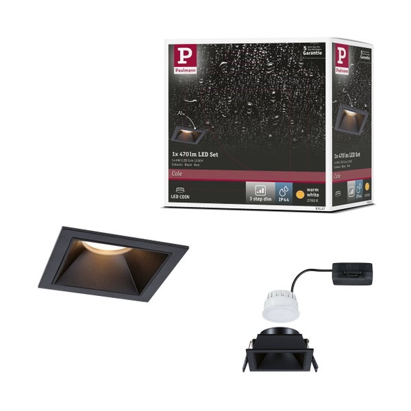 LED Einbauleuchte 3-Step-Dim Cole Coin 1er-Set IP44 eckig 88x88 mm Coin 6W 470lm 230V dimmbar 2700K Schwarz