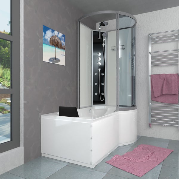 Moderne Dusch-Badewannen-Kombination mit runder Glas-Duschkabine, Massage-Paneel und Kopfstütze im hellen, organisierten Badezimmer.