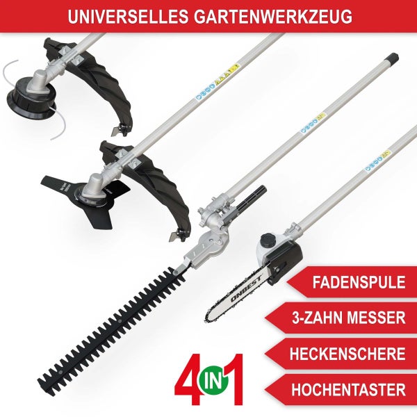 Universelles Gartenwerkzeug 4 in 1 Set mit Fadenspule, 3-Zahn Messer, Heckenschere und Hochentaster.
