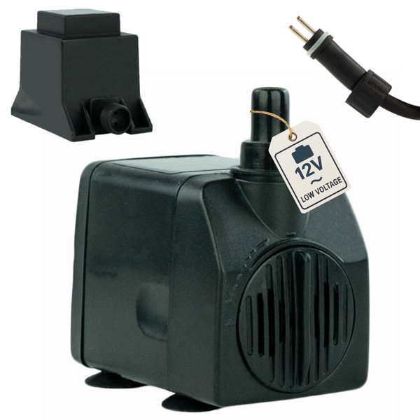 Wasserspielpumpe mit 12 Volt Niederspannung, inklusive Transformator und Anschlussstecker.