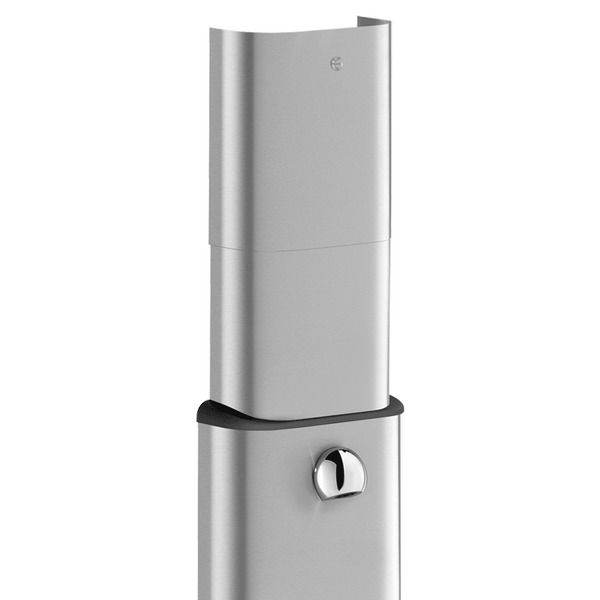 Teleskopierbarer Kaminschacht für Dunstabzugshauben aus Edelstahl mit runder Taste.