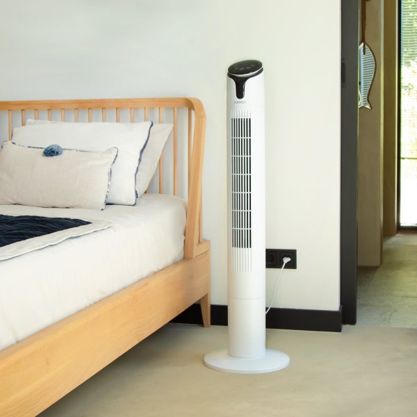 VONROC Hochwertiger Turmventilator – 110 cm – Inklusive Fernbedienung – 3 Geschwindigkeitsstufen – Schwenkfunktion – 15-Stunden-Timer – Weiß