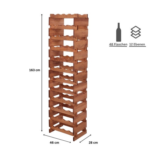 Weinregal VINOTECA FLEX PRO HxBxT 163x46x28cm 48 Flaschen auf 12 Ebenen Massives Kiefernholz Braun geölt