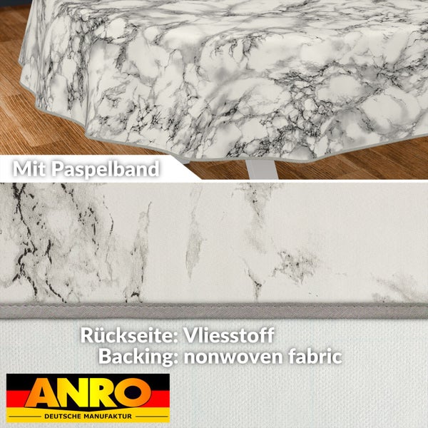 Tischdecke mit Marmoroptik und Paspelband sowie Vliesstoff auf der Rückseite