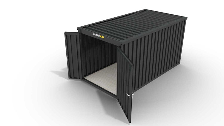 Lagercontainer Gerätehaus XXL+  – 12 qm, H2532 x B6020 x T2170 mm, Außenwandlackierung anthrazit, Dach außen verzinkt, mit Holzfußboden, 1830 mm Doppelflügeltür mittig in Stirnseite, Erfolgt fertig montiert