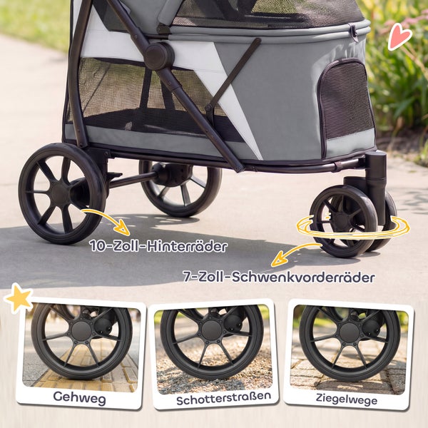 Hundebuggy mit 10 Zoll Hinterrädern und 7 Zoll Schwenkvorderrädern für verschiedene Untergründe wie Gehwege, Schotter und Ziegelwege.
