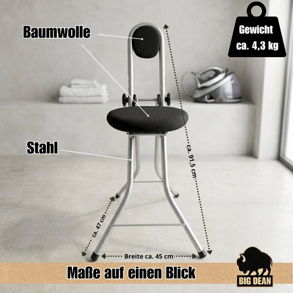Bügelhilfe aus Stahl mit Baumwollbezug und einer Höhe von circa 91,5 Zentimeter inklusive Gewichtsangabe und Produktmaßen von Big Dean
