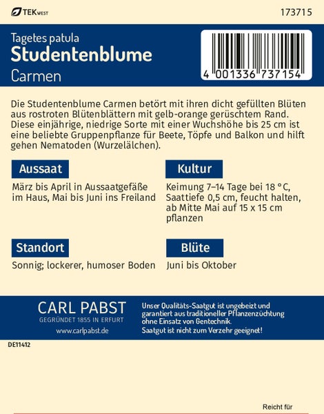 Rückseite Carl Pabst Samentüte für Studentenblume Tagetes patula Carmen mit Details zu Aussaat, Standort und Blütezeit. Carl Pabst Logo.
