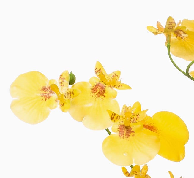 Künstliche gelbe Orchidee mit orangefarbenen Mustern an grünen Stielen.