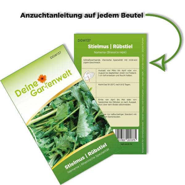 Samenbeutel für Stielmus Rübstiel Namenia von Deine Gartenwelt mit Anzuchtanleitung auf der Rückseite.