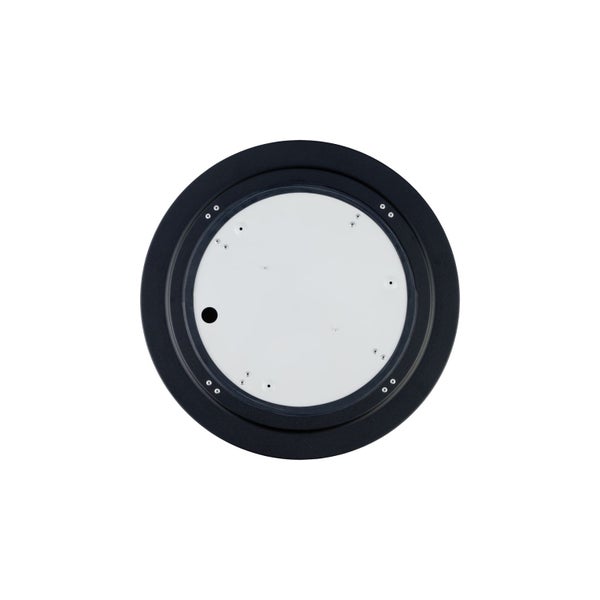 Runde Deckenleuchte mit schwarzem Rahmen und weißer Mitte.