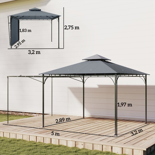 Gartenpavillon mit Metallrahmen und Erweiterung, Maße: Höhe 2,75 Meter, Breite 5 Meter, Tiefe 3,2 Meter, Durchgangshöhe 1,97 Meter.