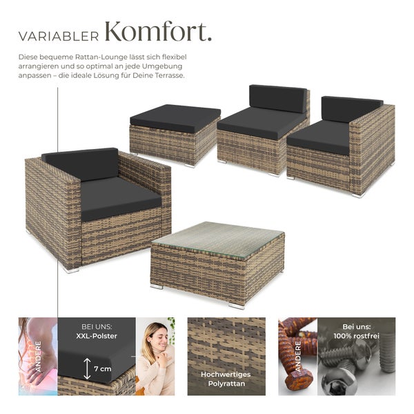 Rattan Lounge Set mit Polyrattan und Tisch mit Glasplatte