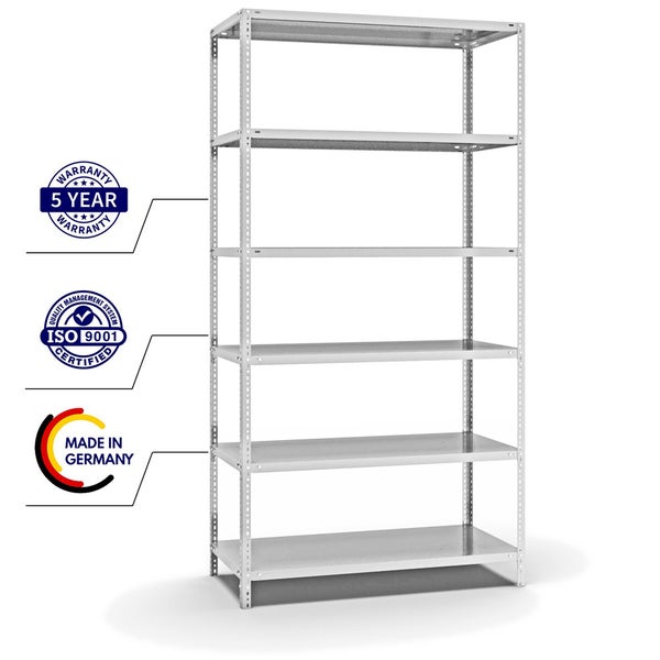 PROREGAL Fachbodenregal Schraubsystem Light-Duty Grundregal HxBxT 250 x 130 x 60 cm 6 Ebenen Fachlast 125 kg Beidseitig Nutzbar Lichtgrau