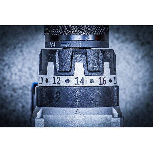 Nahaufnahme des Drehmomentrings einer Bohrmaschine mit den Einstellungen 10 bis 18.