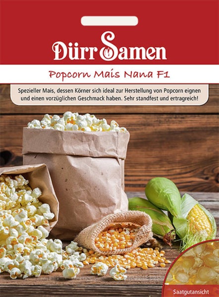 Samentüte für Popcorn-Mais Nana F1 von Dürr Samen mit Darstellungen von Popcorn in Papiertüten, Maiskörnern und Maiskolben.