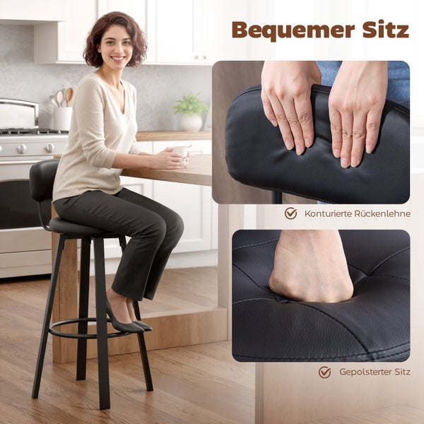 Frau sitzt an einem Tisch auf einem Barhocker mit Rückenlehne