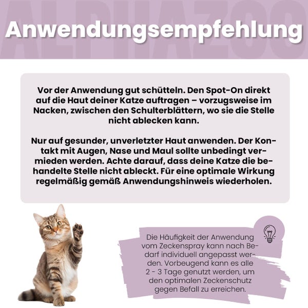 Anwendungsempfehlung für Zeckenspray mit Hinweisen und Katze