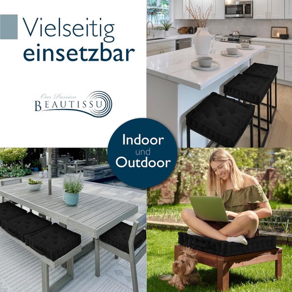Beautissu Logo. Schwarze gesteppte Sitzkissen für den Innen- und Außenbereich, gezeigt in einer modernen Küche, auf einer Terrasse und im Garten.