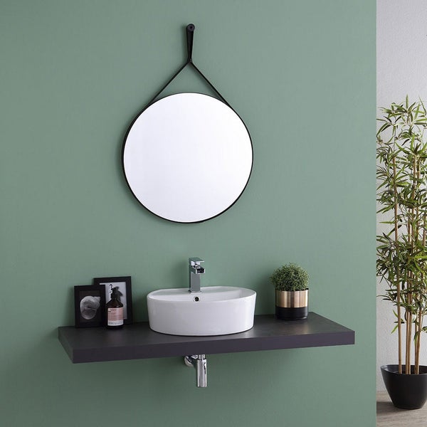 Design Badezimmerspiegel mit schwarzem Lederrahmen Durchmesser 60 cm