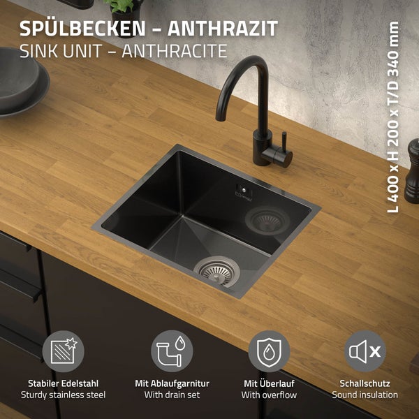 ML-Design Spülbecken Edelstahl 34x40 cm Anthrazit, Küchenspüle eckig, 1 Becken, Einbauspüle Unterbauspüle, Edelstahlspüle mit Ab- und Überlaufgarnitur, Einzelbecken mit Siphon, Waschbecken Küche Spüle