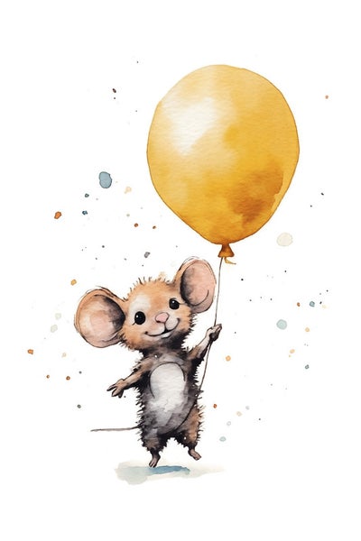 Illustration einer Maus, die einen Ballon hält