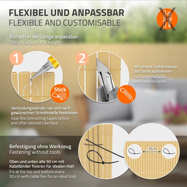 ECD Germany PVC Sichtschutzmatte 100x500 cm, Bambus, Sichtschutzzaun 3-Gewicht-Verstärkung, UV-beständig, Wasserdicht, Windschutz Balkonverkleidung Zaunblende Sichtschutz für Garten Balkon Terrasse