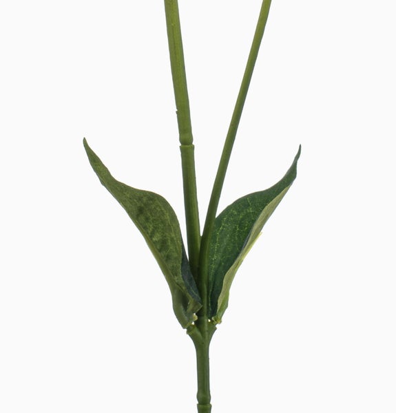 Nahaufnahme eines grünen künstlichen Pflanzenstiels mit zwei Blättern.