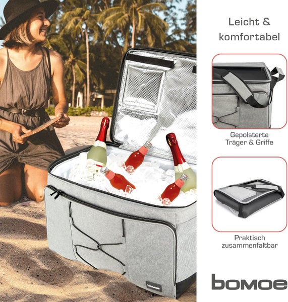 Bomoe Kühltasche mit Reißverschluss und Tragegurt gefüllt mit Eis und Getränkeflaschen am Strand, zusammenfaltbar mit gepolsterten Griffen.