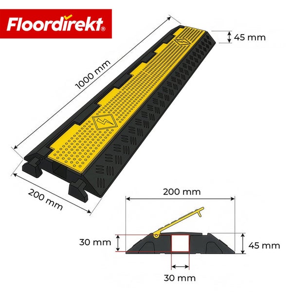 Floordirekt Kabelbrücke, 1000 Millimeter Länge, 200 Millimeter Breite, 45 Millimeter Höhe, Kanal 30 mal 30 Millimeter, elektrische Warnung.