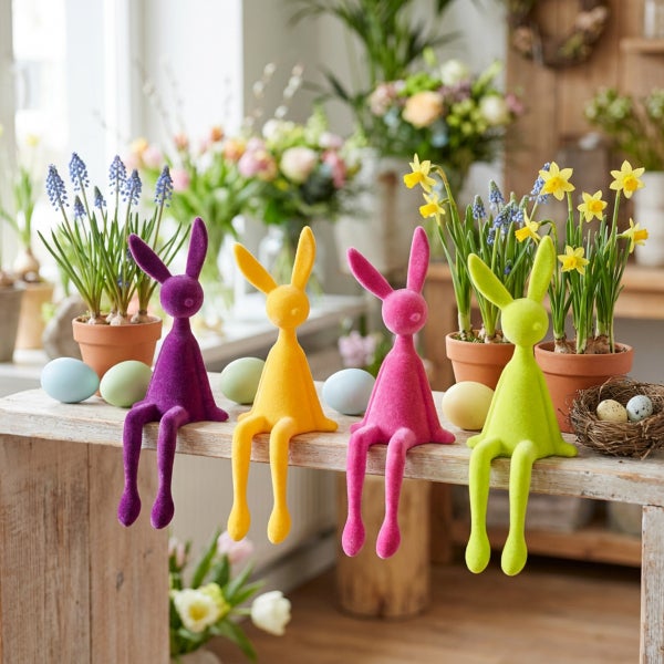 Vier sitzende Deko-Osterhasen aus beflocktem Material in verschiedenen Farben auf einem Holztisch mit Frühlingsblumen und Ostereiern.