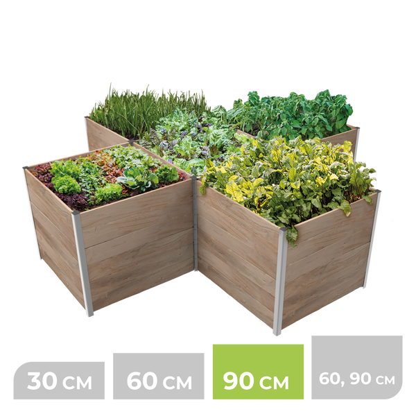 Modulares Hochbeet System aus Holz mit Eckprofilen aus Aluminium in verschiedenen Höhen von 30 bis 90 Zentimeter, bepflanzt mit Gemüse.