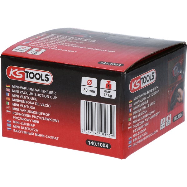 Verpackung des Mini Vakuumsaughebers mit 80 Millimeter Durchmesser und maximal 15 Kilogramm Traglast von KS Tools