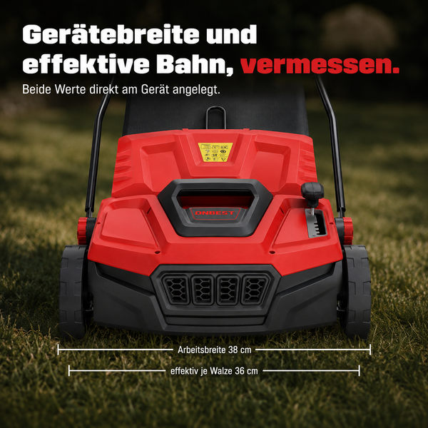 Frontansicht eines roten ONBEST Vertikutierers auf Rasen mit Angabe der Arbeitsbreite von 38 Zentimetern und Walzenbreite von 36 Zentimetern.