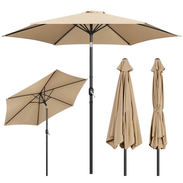 Beiger Gartenschirm in geöffnetem und geschlossenem Zustand