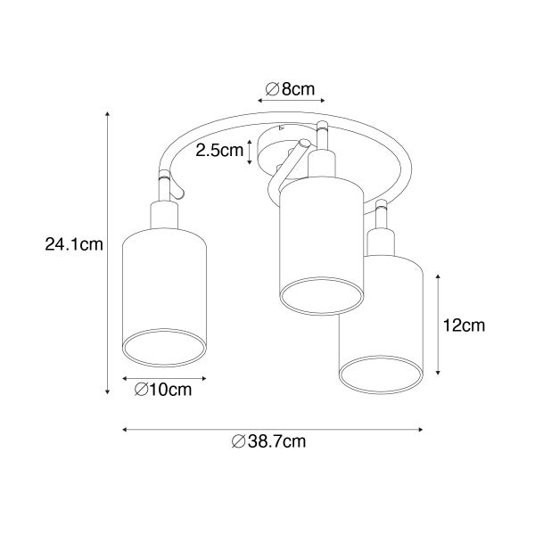 Technische Zeichnung einer Deckenleuchte mit drei Leuchten und Maßangaben
