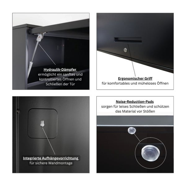 Detailansicht eines Schranks mit Hydraulikdämpfer, ergonomischem Griff, integrierter Aufhängevorrichtung und geräuschreduzierenden Pads