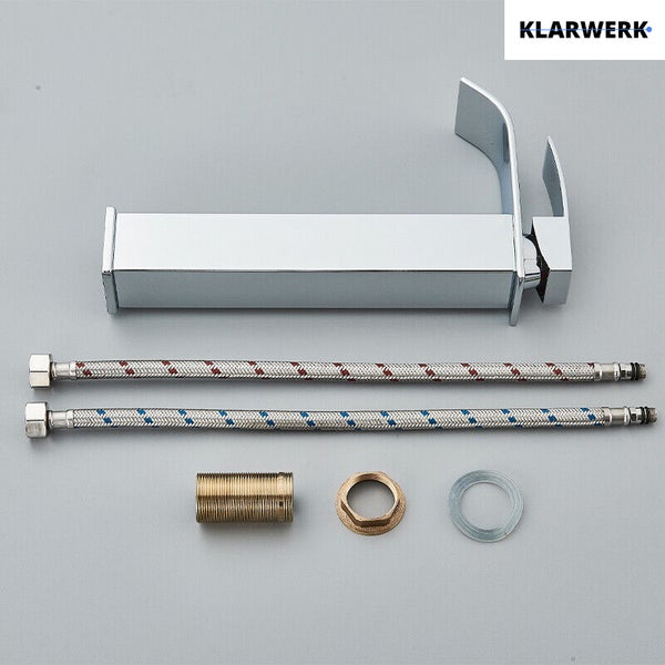 Klarwerk Waschtischarmatur mit eckigem Auslauf, zwei Anschlussschläuchen, Gewinderohr, Mutter und Dichtungsring für die Badinstallation.