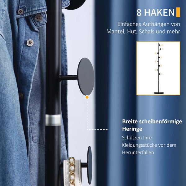 HOMCOM Kleiderständer, Garderobe mit 8 Haken, Garderobenständer für Kleidung, Hüte, Flur, Eingang, Stahl, Schwarz, 35x 35 x 170 cm