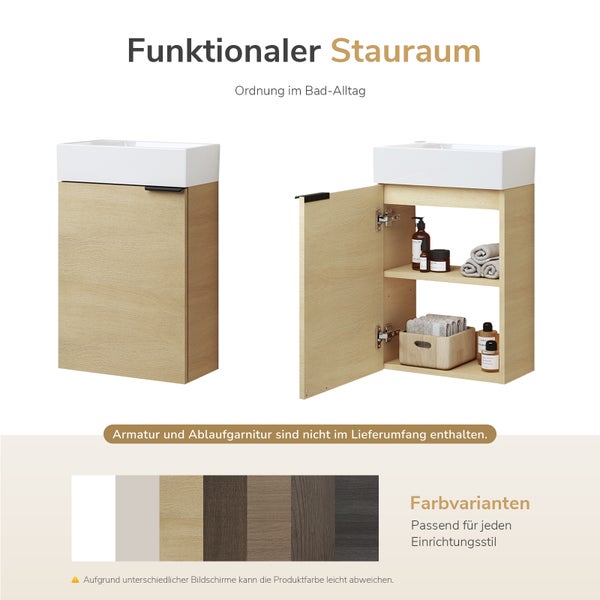 Waschtischunterschrank mit Waschbecken und Stauraum im Holzoptik Design mit geschlossener und geöffneter Tür sowie Übersicht der Farbvarianten.