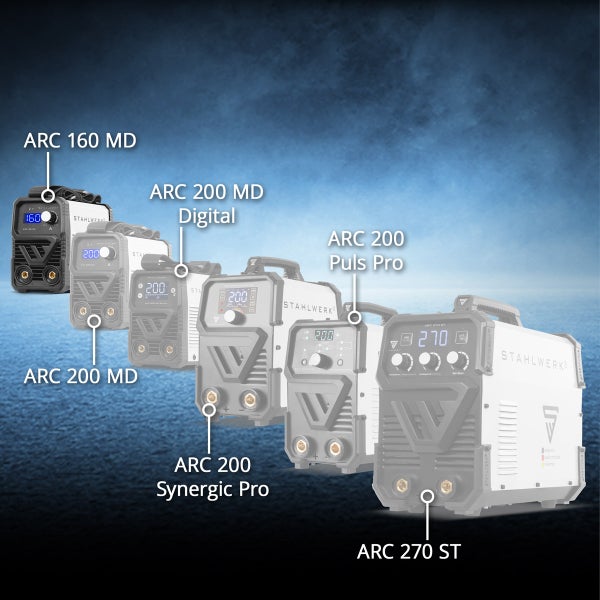 Vergleich verschiedener Stahlwerk Elektrodenschweißgeräte der ARC-Serie, Modelle ARC 160 MD, 200 MD, Synergic Pro, Puls Pro und 270 ST.