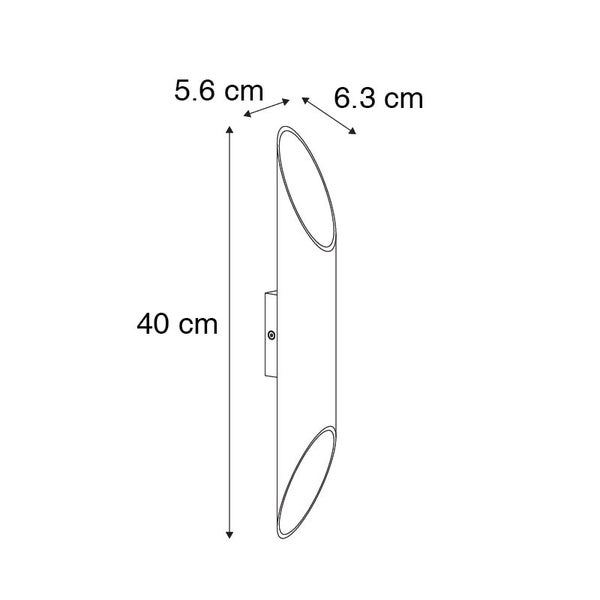 Abbildung einer Wandleuchte mit den Maßen 40 cm Höhe, 5,6 cm Tiefe und 6,3 cm Breite.