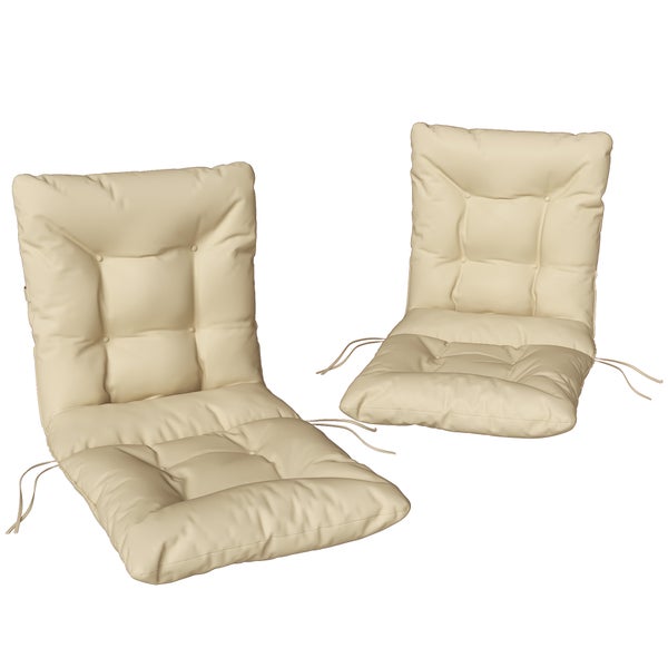 Zwei Polsterauflagen für Hochlehner-Gartenstühle in Beige mit dekorativer Steppung und seitlichen Bindebändern.