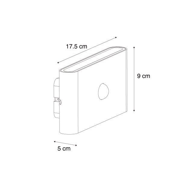 Maßzeichnung einer rechteckigen Außenwandleuchte mit Bewegungsmelder, Breite 17,5 cm, Höhe 9 cm, Tiefe 5 cm.