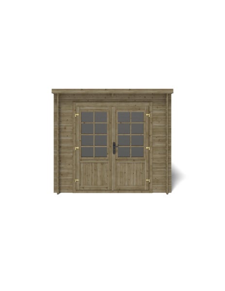 Gartenhaus aus Holz mit Doppeltür und Sprossenfenstern, Flachdach