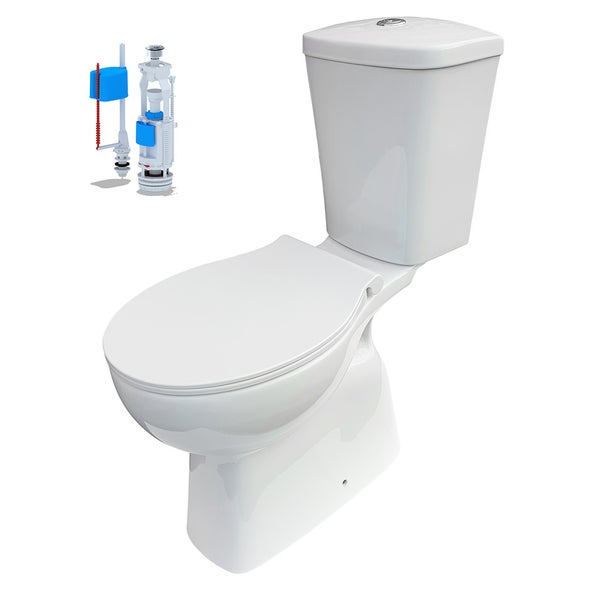 Bodenstehende Toilette Komplettset inklusive Spülkasten, Toilettensitz und Innengarnitur aus Keramik.