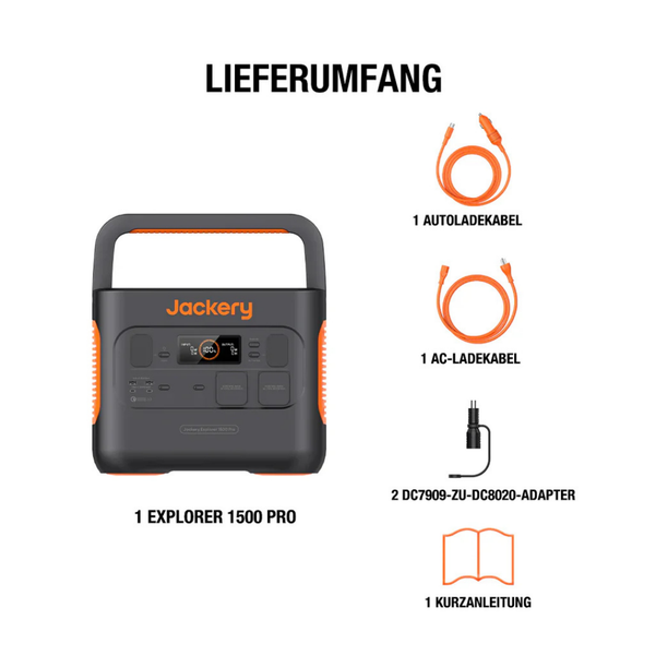 Lieferumfang der Jackery Explorer 1500 Pro Powerstation mit Autoladekabel, AC-Ladekabel, zwei DC-Adaptern und Kurzanleitung.
