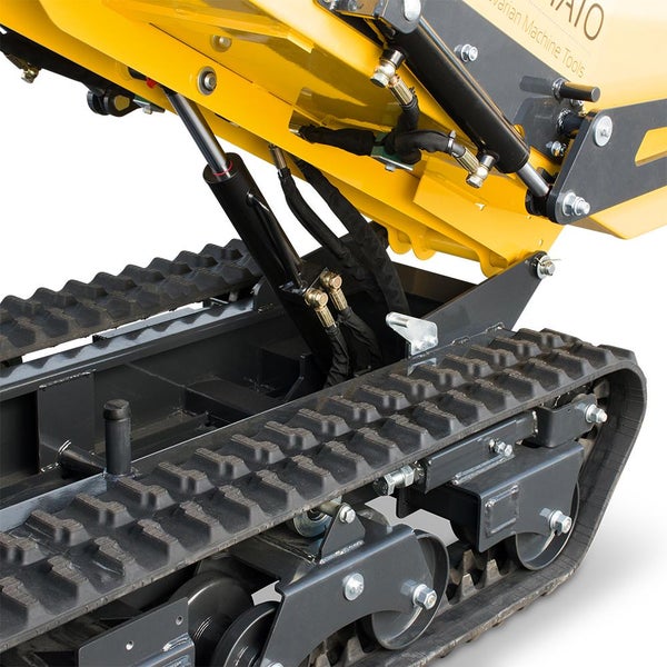 Detailansicht eines Kettendumpers mit Gummiketten und hydraulischen Zylindern